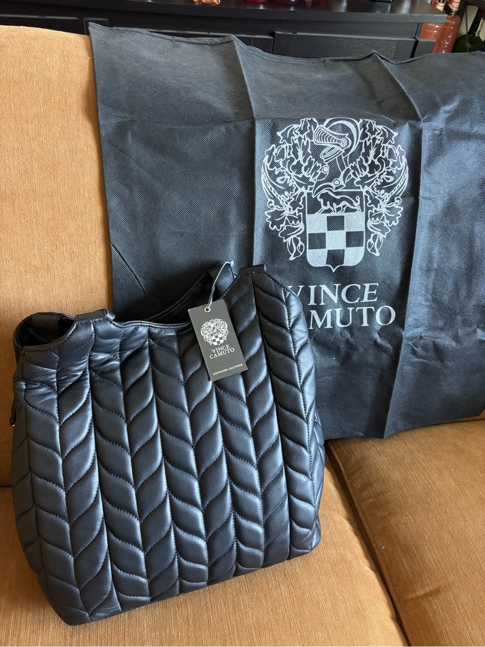 Vince Camuto KISHO Black Quilted Chevron-Pattern Tote